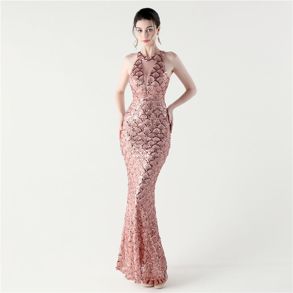 33133 #2025 new sequined mesh slim hip wrap sexy off-the-shoulder women's evening dress dinner party dress