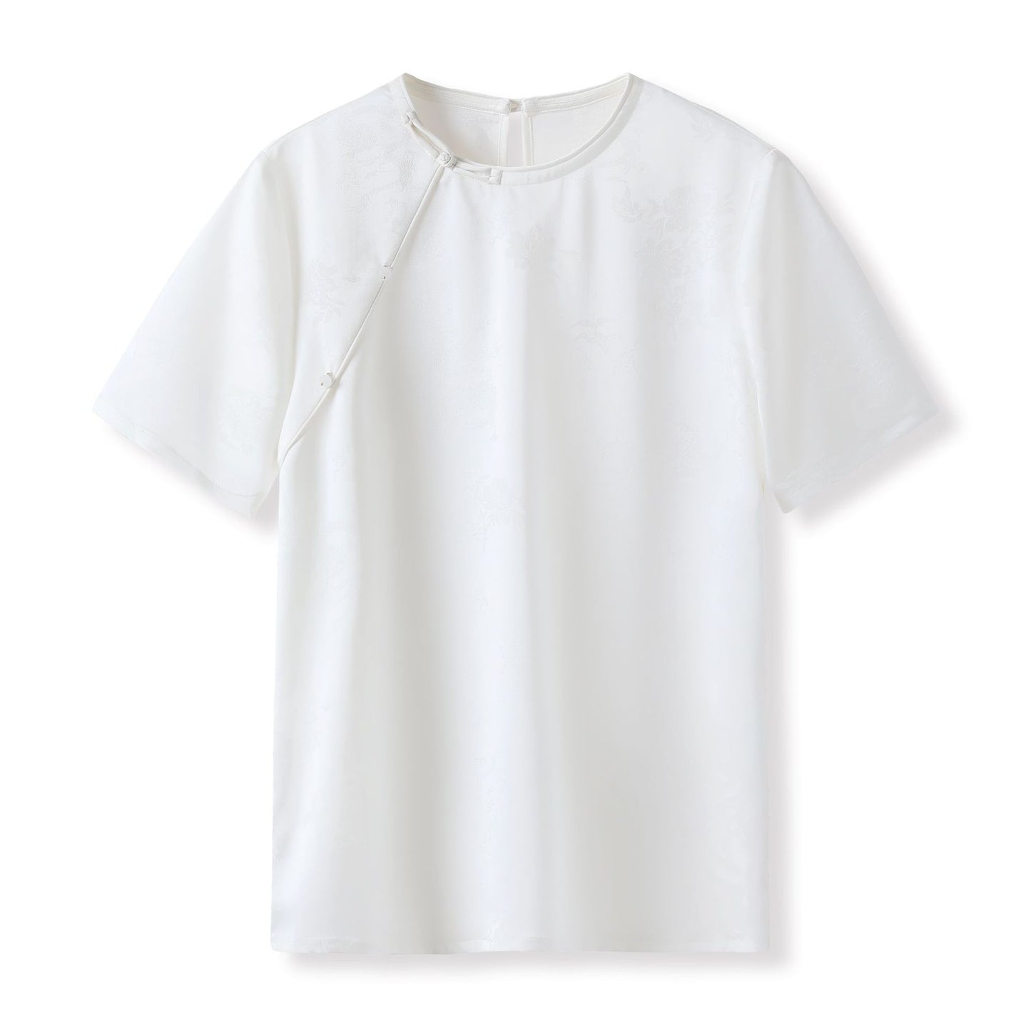 Summer new flower jacquard mulberry silk short-sleeved solid color light luxury simple design temperament T-shirt top M4006