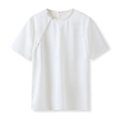 Summer new flower jacquard mulberry silk short-sleeved solid color light luxury simple design temperament T-shirt top M4006