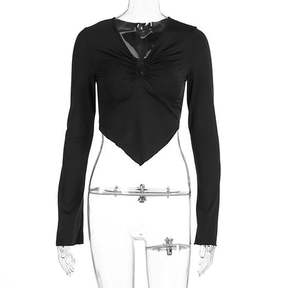 LOVEVOP Europe, America Hot autumn and winter new V-neck short slim-fitting long-sleeved T-shirt women's inverted triangular navel solid color bottoming shirt