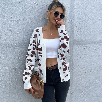 LOVEVOP New Hot Trade Women's Clothing Hot Autumn New 2025 Cardigan Leopard Jacquard Knitted Sweater Jacket