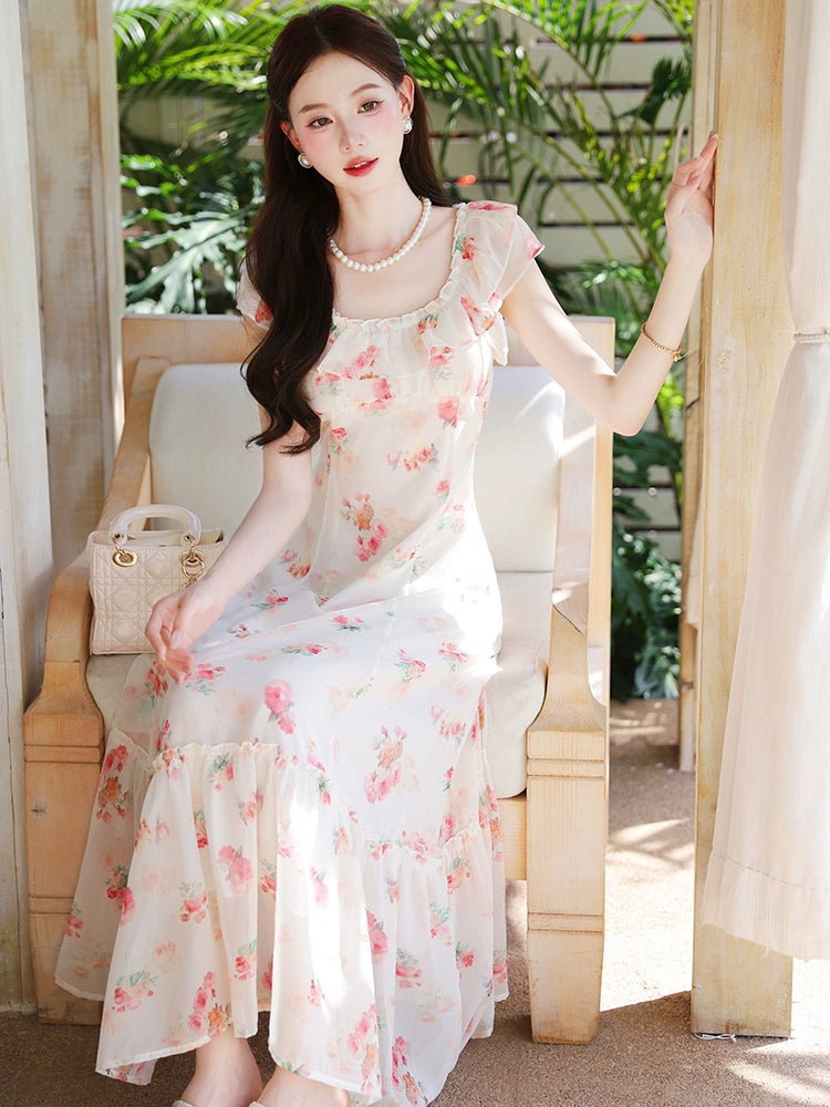 Coffee break  romantic floral dress female summer unique beautiful waist pinched beautiful long dress fairy vacation chiffon dress