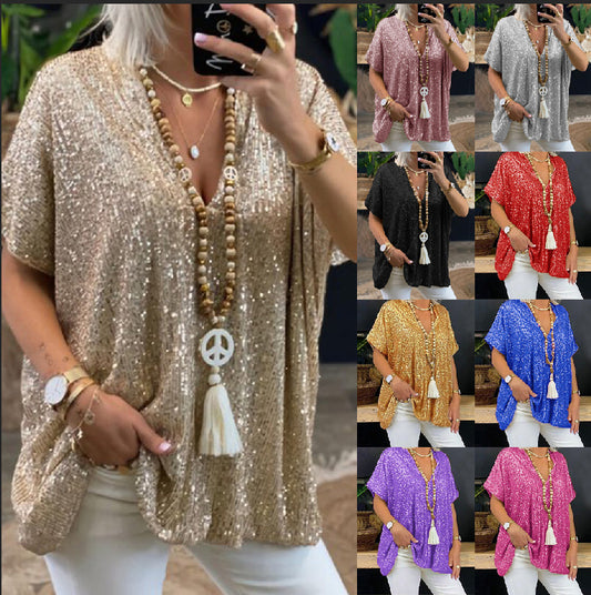 2025 new 2025  short-sleeved urban casual color loose pullover sequined V-neck T-shirt top women's clothing