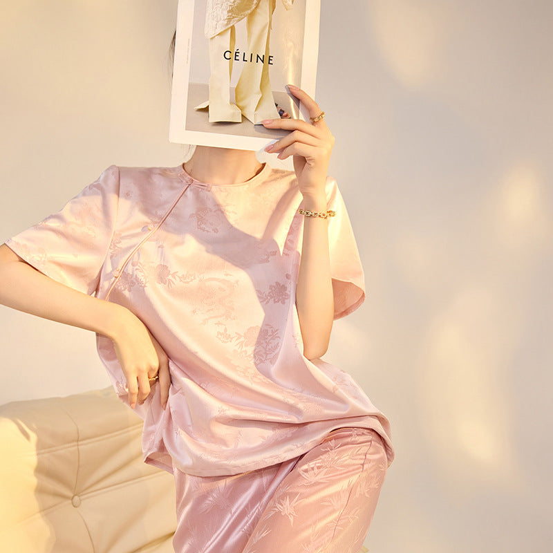 Summer new flower jacquard mulberry silk short-sleeved solid color light luxury simple design temperament T-shirt top M4006