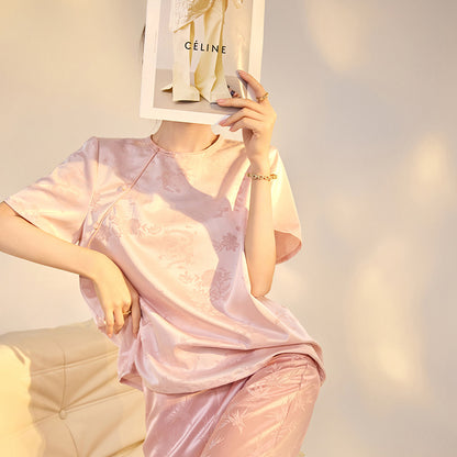 Summer new flower jacquard mulberry silk short-sleeved solid color light luxury simple design temperament T-shirt top M4006