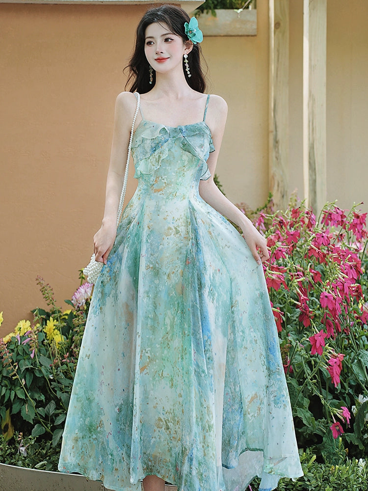 floral suspender long dress women's clothing 2025 summer new waist and thin holiday style oil painting coffee break dress