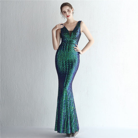 19153 #New Symphony Beads Shoulder Deep V Celebrity Banquet Temperament Long Sequin Aura Queen Fishtail Dress