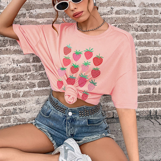 LOVEVOP Cross-border new popular summer women's word print top round neck medium and long South East Asia Popular trade short-sleeved t-shirt