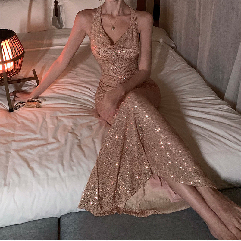 2025 Champagne Sparkling Swing Neck Veil Dress Heavy Industry Dinner Neck Dress Engagement Dress Women