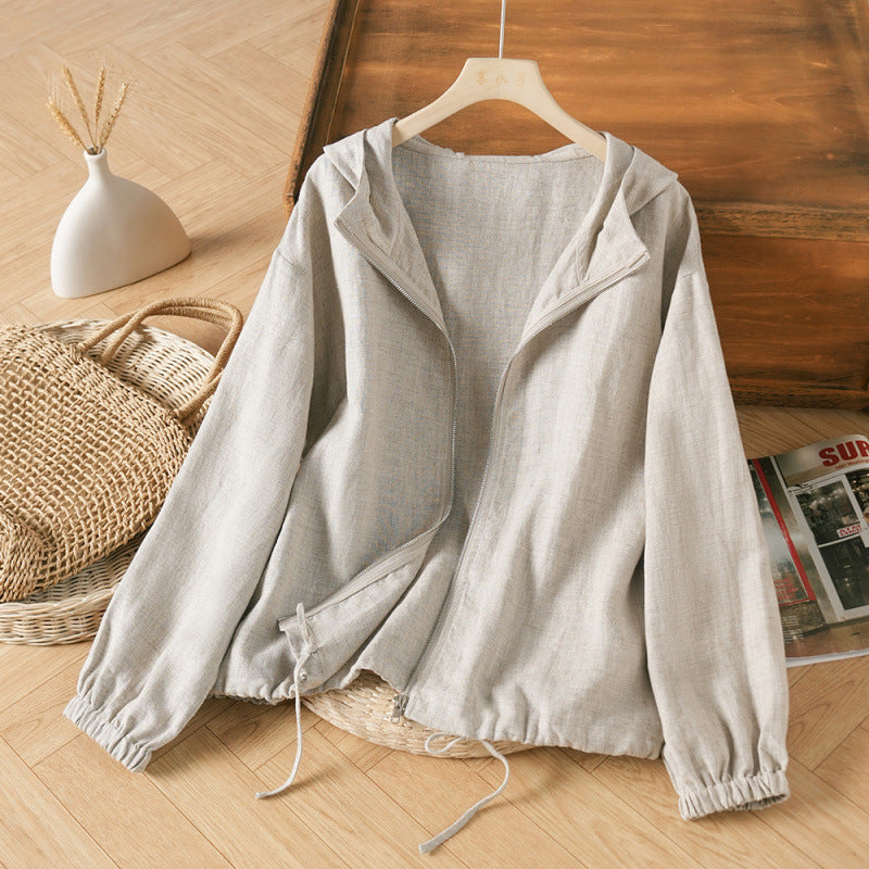 spring and summer new literary and retro solid color simple cotton and linen hooded jacket trench coat bat sleeve blouse anti-sun