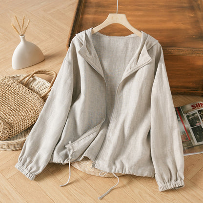 spring and summer new literary and retro solid color simple cotton and linen hooded jacket trench coat bat sleeve blouse anti-sun