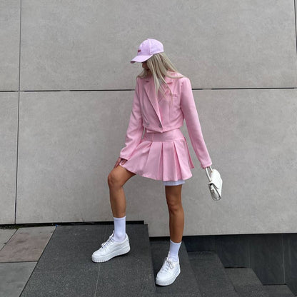 new  style short V-neck long-sleeved loose suit top high waist pleated skirt set New explosion