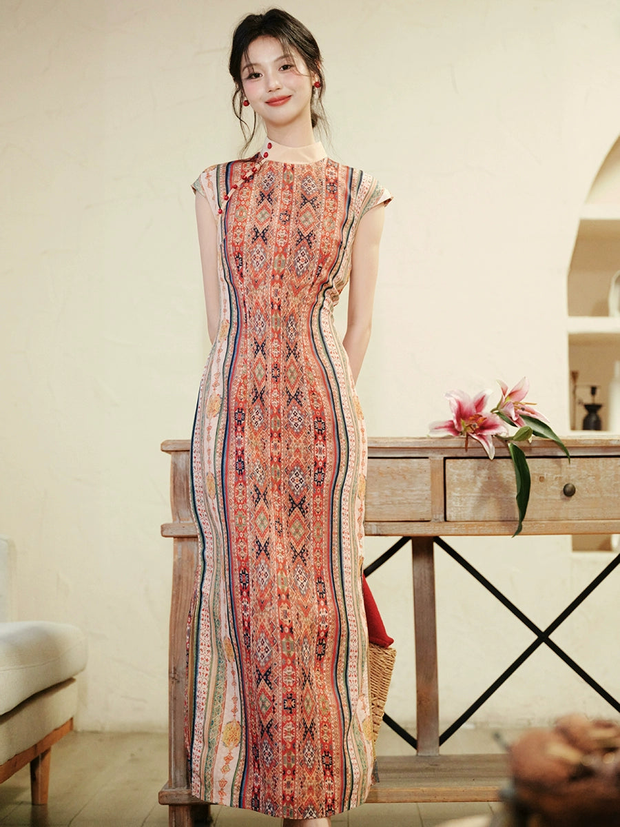 Ethnic tourism vacation new Chinese floral dress national style improved sleeveless red cheongsam women's cardigan two-piece set