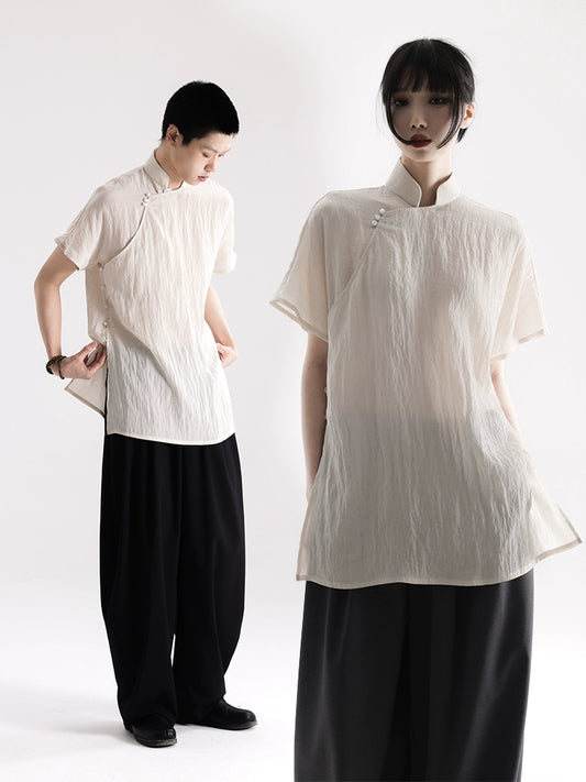 APOZi collection untitled landscape series stand-up collar diagonal silk one-piece new Chinese top women