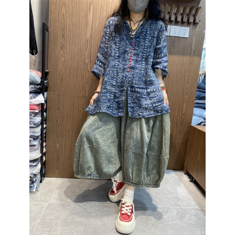 Temperament V-neck printed slim shirt five-quarter-sleeved women's ethnic style top retro summer versatile navy blue shirt