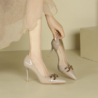 2025 966-8C pointed side empty high heels for women 2025 women's summer new one-word metal buckle stiletto high heels for women