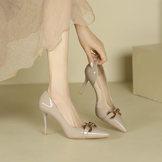 2025 966-8C pointed side empty high heels for women 2025 women's summer new one-word metal buckle stiletto high heels for women