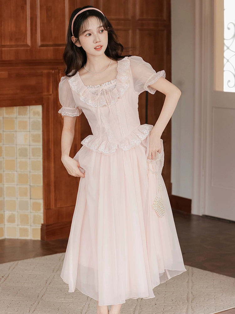 dress heavy industry lace on the run princess long dress tea gas small skirt women's summer lolita small dress