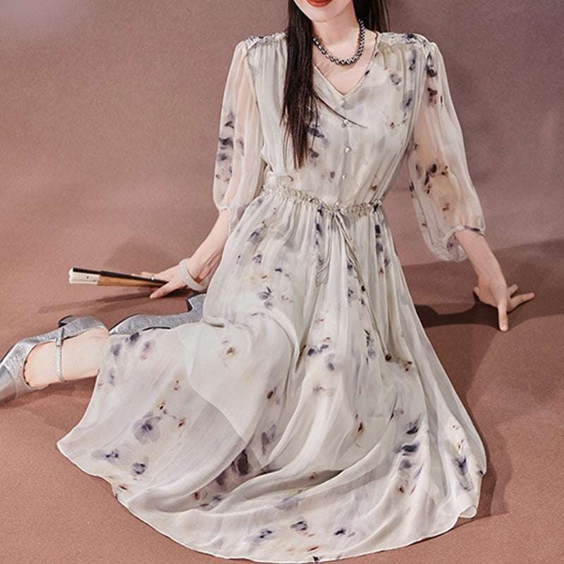 2025 Ink smudge silk dress 100 mulberry silk new Chinese style printed long dress, mesh women's clothing summer