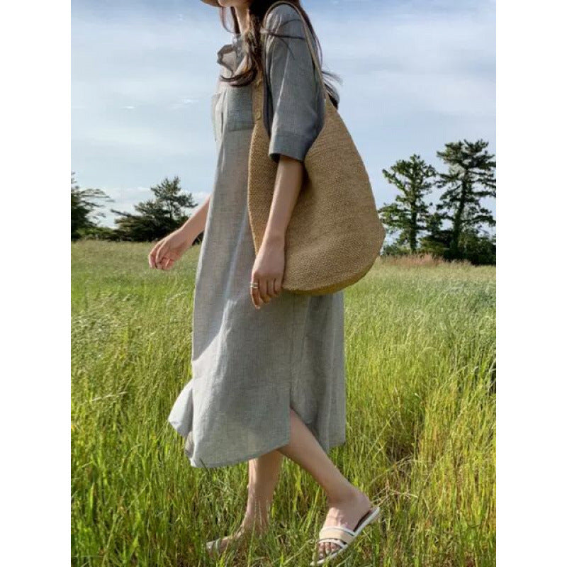 Design temperament literary striped shirt dress women's  summer new Korean version loose and thin medium and long dress