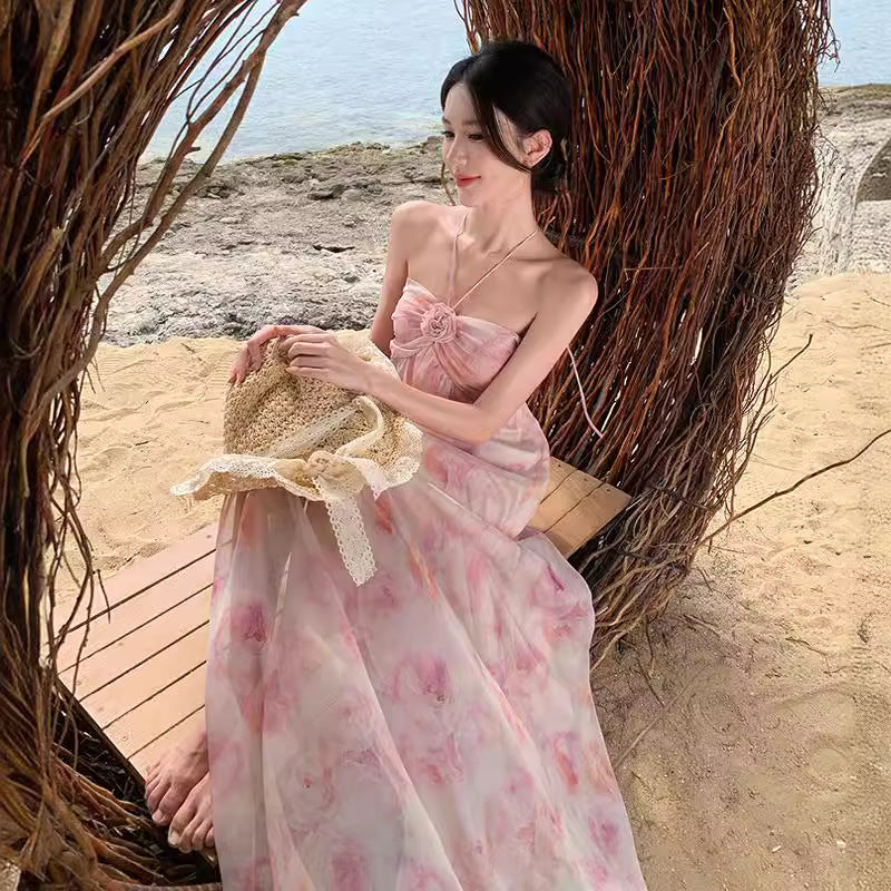 2025 floral neck super fairy atmosphere holiday style dress sexy backless seaside beach photo long dress woman