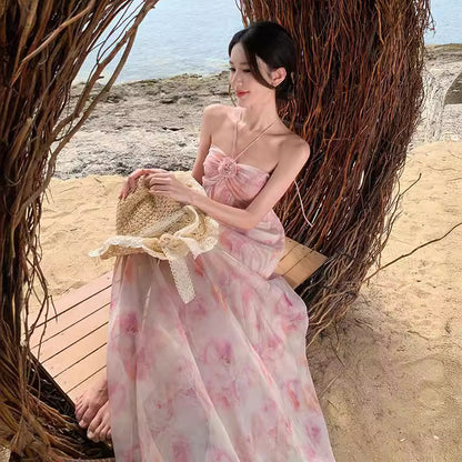 2025 floral neck super fairy atmosphere holiday style dress sexy backless seaside beach photo long dress woman