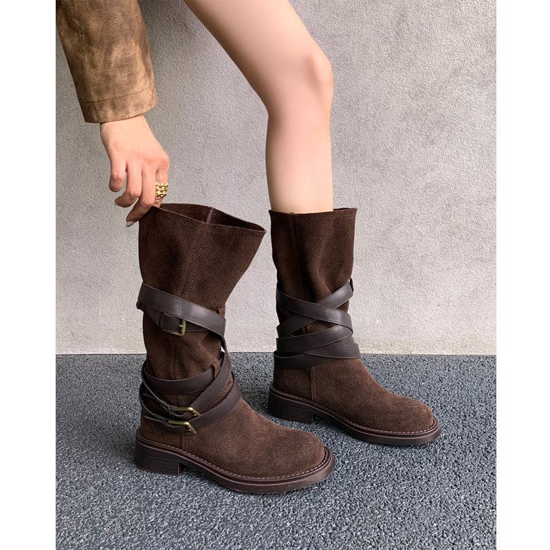 2025  Boots Maillard Travel Wear Summer Belt Buckle Pile Boots Western Cowboy Boots Tall Wasteland Boots Women