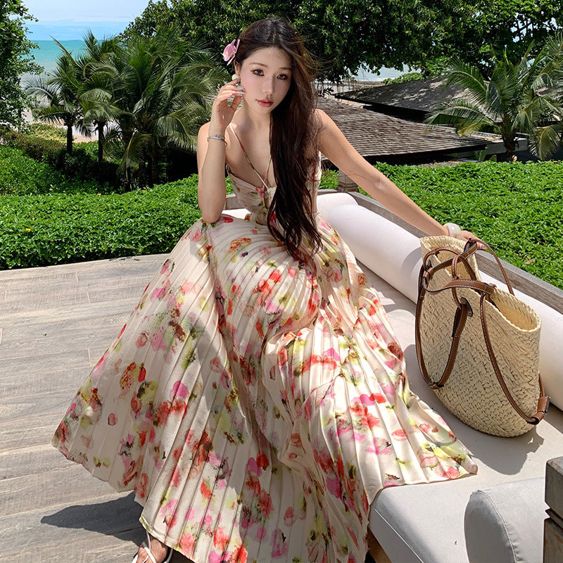 2025 Fairy atmosphere sense beautiful floral dress women's summer new temperament waist thin pleated Spice Girl pleated skirt