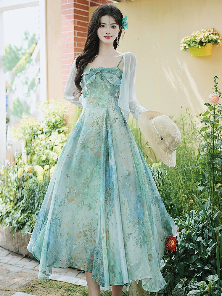 floral suspender long dress women's clothing 2025 summer new waist and thin holiday style oil painting coffee break dress