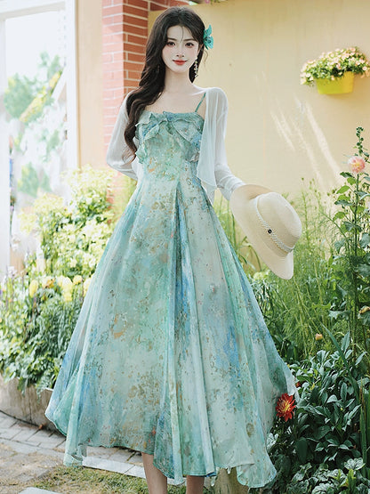 floral suspender long dress women's clothing 2025 summer new waist and thin holiday style oil painting coffee break dress