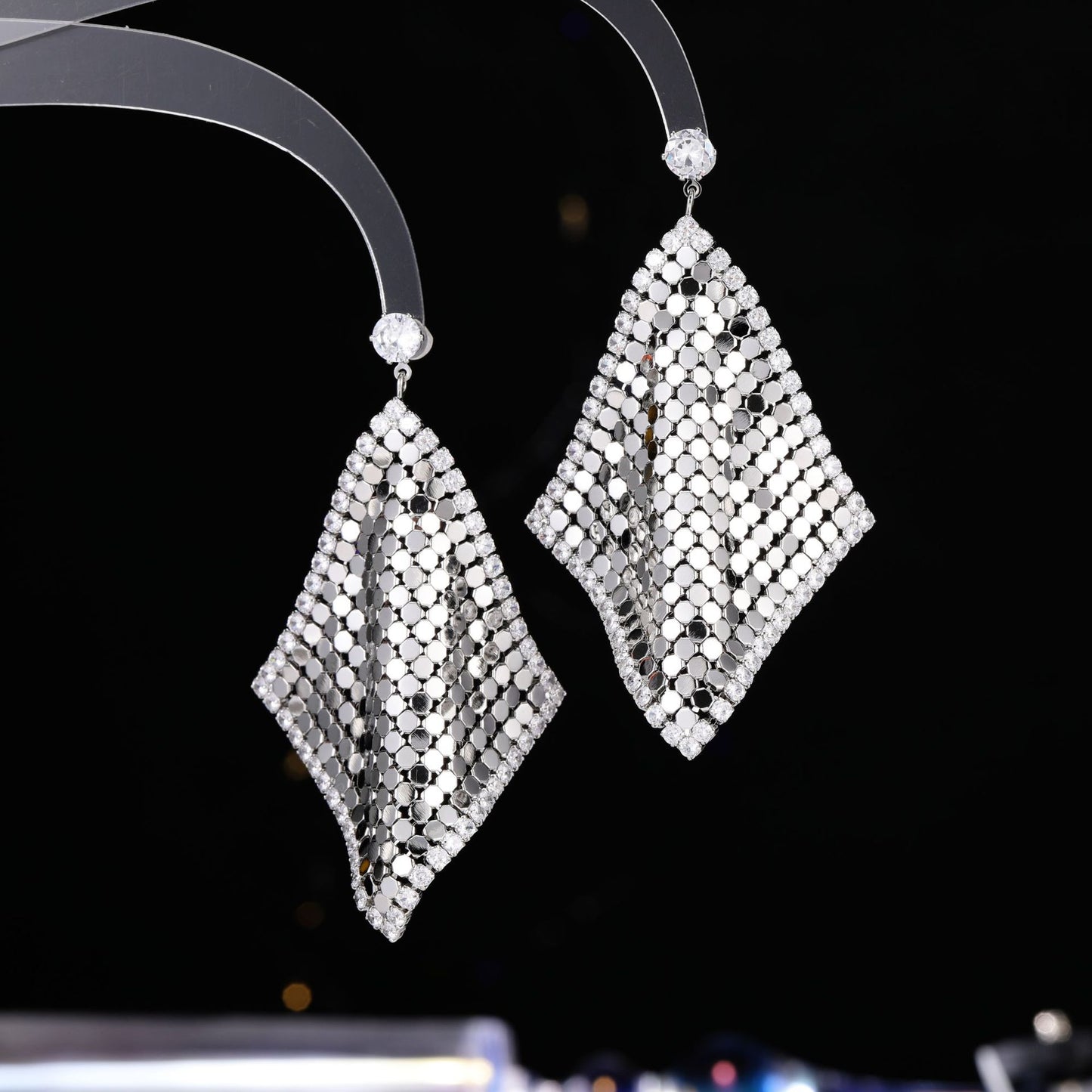 2025 New geometric rhombus sequined earrings s925 silver needle high-end exaggerated atmosphere zircon inlaid earrings earrings