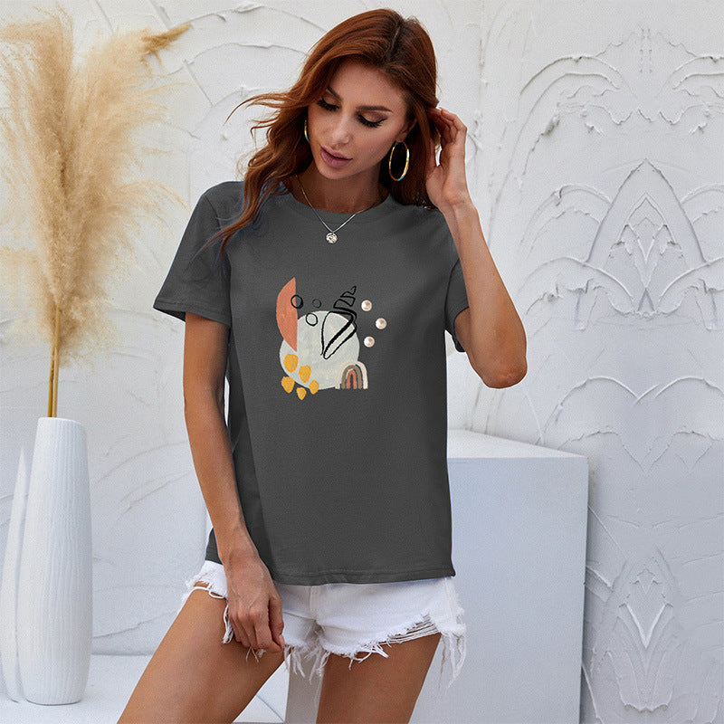 LOVEVOP Cross-border color T-shirt short-sleeved women's popular summer Popular trade women's clothing cartoon printing crew neck top bottoming shirt wholesale