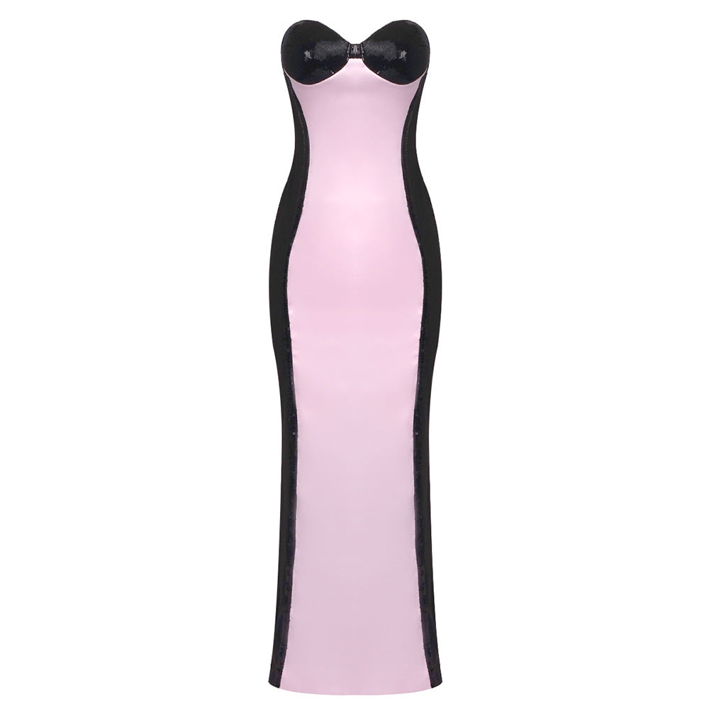 LOVEVOP popular autumn and winter new pink satin beads  style women's dress long dress tube top elegant dress wholesale