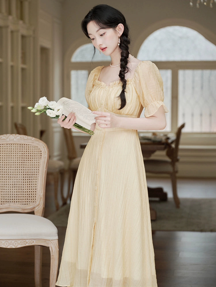 Summer great-looking skirt romantic  bubble sleeve yellow dress women's summer waist slim A-shaped dress