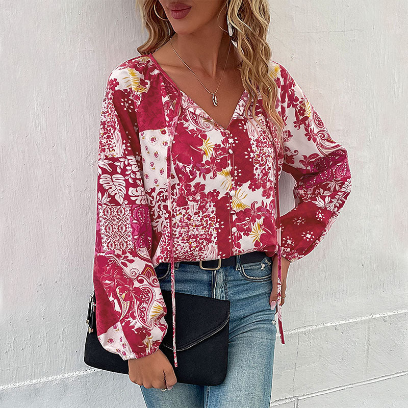 LOVEVOP Cross-border  Hot autumn casual printed shirt fashion 2025 foreign trade lace-up bubble sleeve shirt women