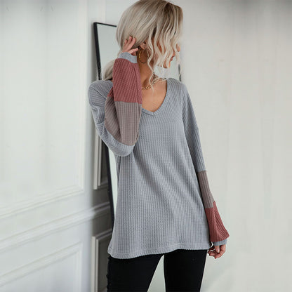 LOVEVOP New  Hot Trade popular New 2025 Autumn Color Matching Long Sleeve Gray V-Neck Knitted Sweater