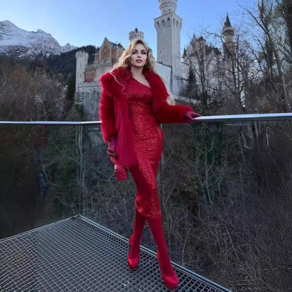 LOVEVOP New red flower shoulder bead dress long   Christmas women's long-sleeved dress autumn and winter