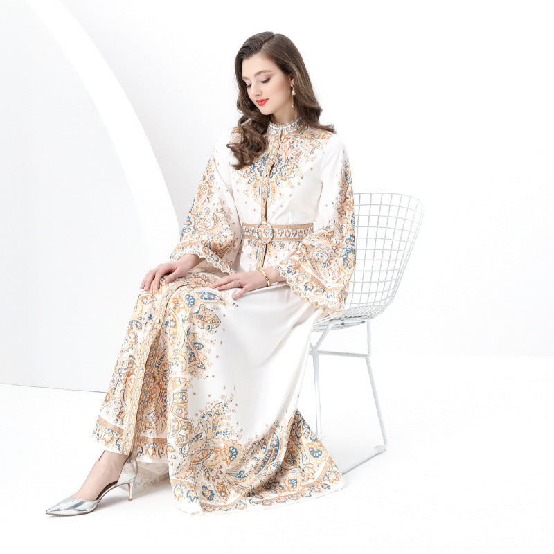 Spring and autumn new court style retro printing long-sleeved waist pendulum long dress fashionable single-breasted stand-up collar dress