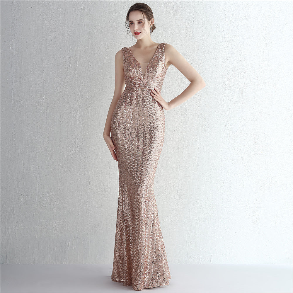 19153 #New Symphony Beads Shoulder Deep V Celebrity Banquet Temperament Long Sequin Aura Queen Fishtail Dress