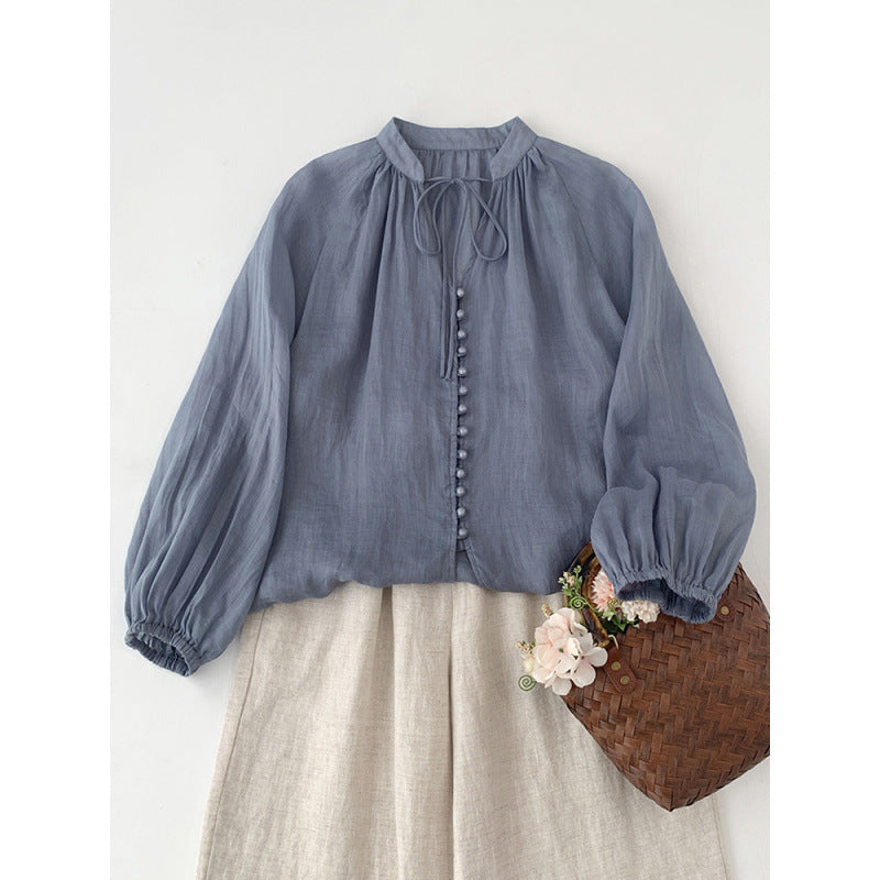 literary and retro solid color single-row button-up strap-up elastic sleeve shirt women's lantern sleeves loose small bag buckle sunscreen