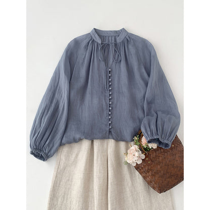 literary and retro solid color single-row button-up strap-up elastic sleeve shirt women's lantern sleeves loose small bag buckle sunscreen