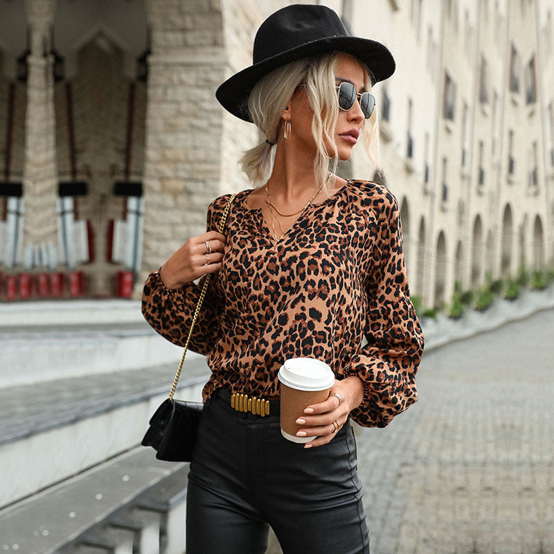 LOVEVOP New Cross-border Hot Trade 2023 Spring and Autumn New 2025 Women's Clothing Pullover Leopard Chiffon Bottom Shirt