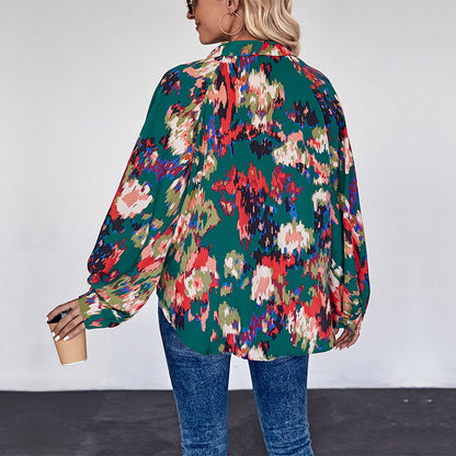 LOVEVOP Hot Trade Hot Autumn New Shirt Casual Flower Shirt Lapel Long Sleeve Top Button Printed Shirt