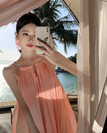 2025 Color printing pleated neck dress women's summer new loose sleeveless big skirt super fairy seaside vacation dress