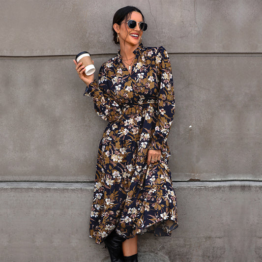 LOVEVOP 2025 cross-border Hot autumn floral temperament commuter dress retro printed women's dress V-neck fashion dress