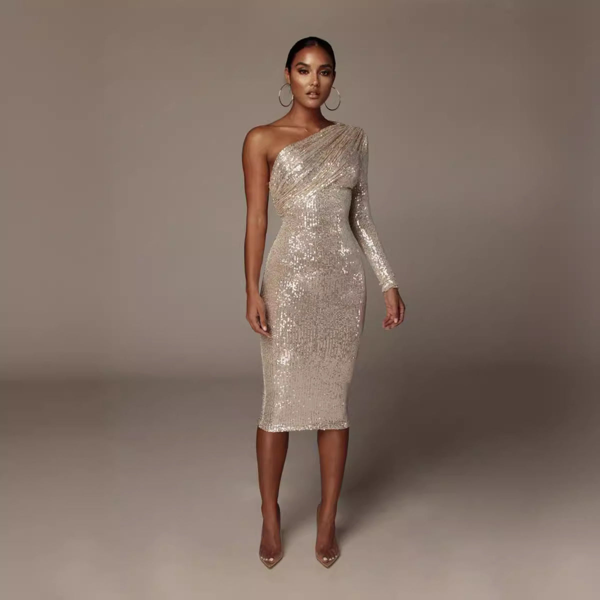 LOVEVOP 2023 Women's Clothing Autumn and Winter Hot Trade Shoulder Long Sleeve Dress Slim Fit Red Silver Sequins  Premium Inside