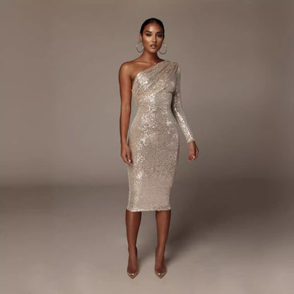 LOVEVOP 2023 Women's Clothing Autumn and Winter Hot Trade Shoulder Long Sleeve Dress Slim Fit Red Silver Sequins  Premium Inside