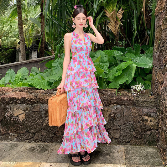 2025 floral neck dress women's summer lace-up skirt high-end halter temperament ruffle leaf edge cake long dress