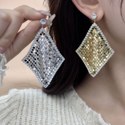 2025 New geometric rhombus sequined earrings s925 silver needle high-end exaggerated atmosphere zircon inlaid earrings earrings