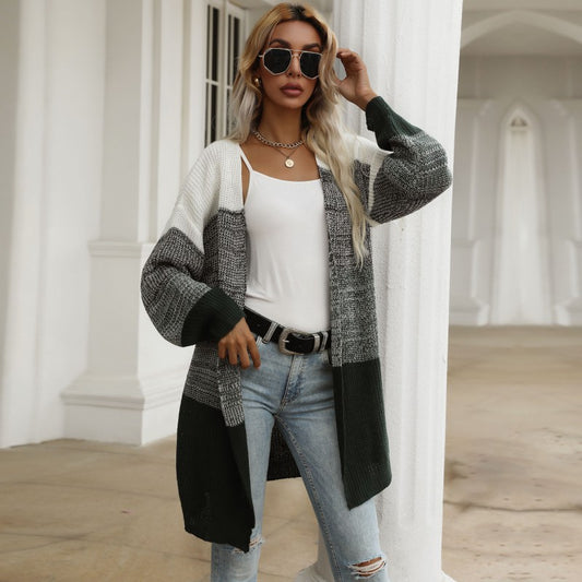 LOVEVOP women's clothing Hot autumn and winter new 2025 color matching knitted sweater casual cardigan jacket women